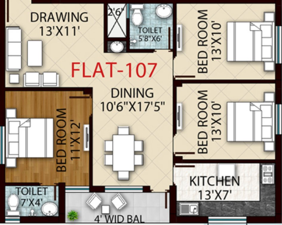 Royal Retreat Sai Chandra Tirtha Heights (3BHK+3T (1,530 sq ft) 1530 sq ft)