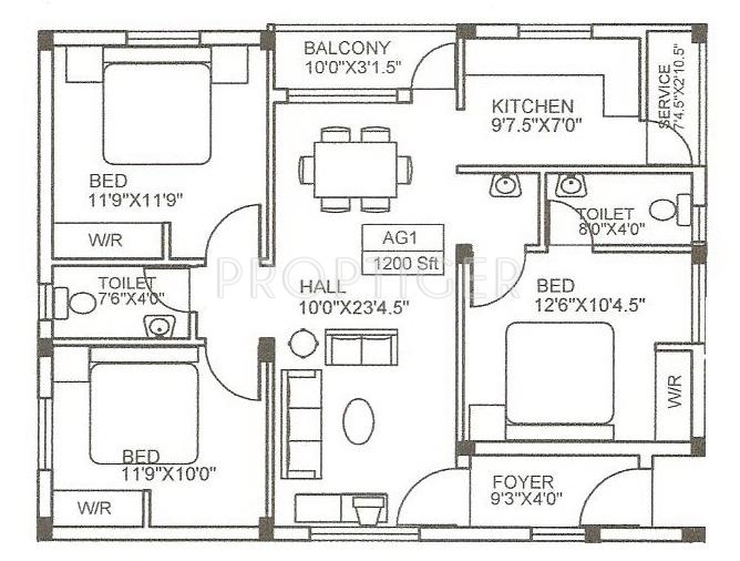 1200 sq ft 3 BHK Floor Plan Image Vinoth Veronica