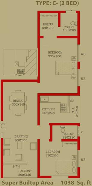 MGF Builder Classic Avenue Floor Plan (2BHK+2T (1,038 sq ft) 1038 sq ft)