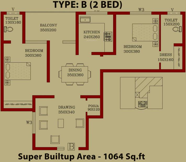 MGF Builder Classic Avenue Floor Plan (2BHK+2T (1,064 sq ft) + Pooja Room 1064 sq ft)