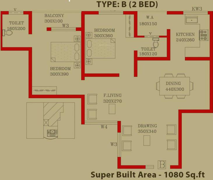 MGF Builder Classic Avenue Floor Plan (2BHK+2T (1,080 sq ft) 1080 sq ft)