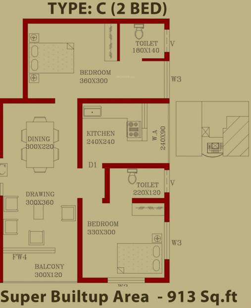 MGF Builder Classic Avenue Floor Plan (2BHK+2T (913 sq ft) 913 sq ft)