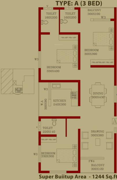 MGF Builder Classic Avenue Floor Plan (3BHK+3T (1,244 sq ft) 1244 sq ft)
