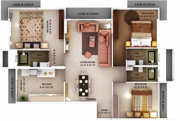 Mehta Lilium (3BHK+3T (955 sq ft) 955 sq ft)