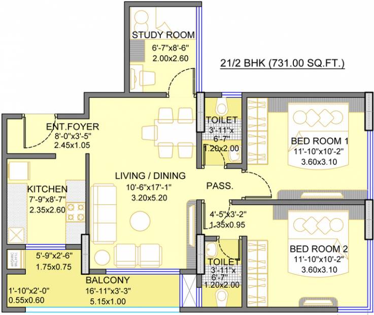 Integrated Bhoomi (2BHK+2T (731 sq ft) + Study Room 731 sq ft)