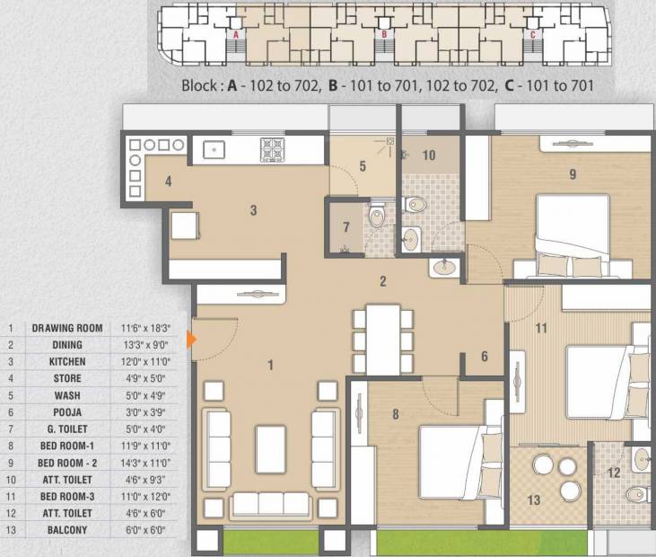 Mahavir Sai Status Tagore Residency (3BHK+3T (1,845 sq ft) + Pooja Room 1845 sq ft)
