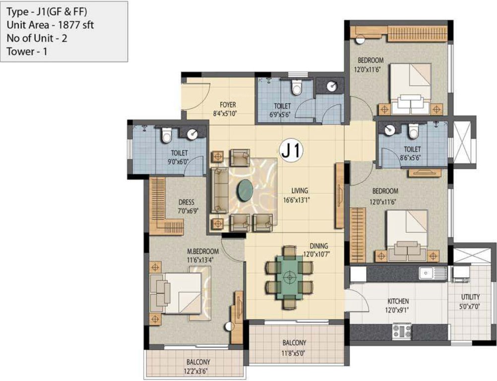 Prestige Sunnyside (3BHK+3T (1,877 sq ft) 1877 sq ft)