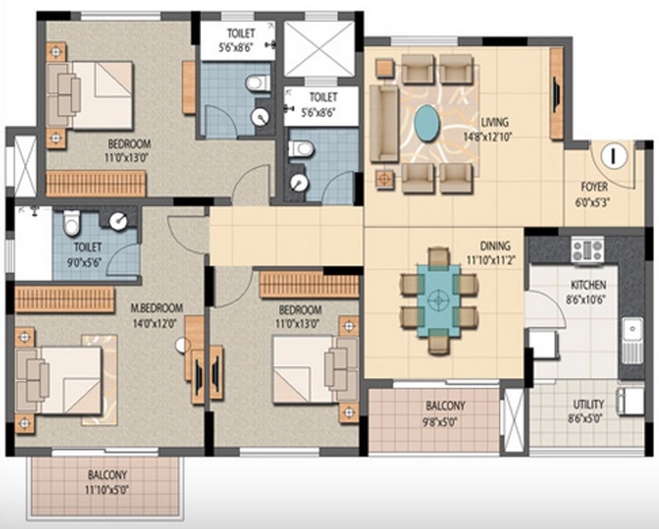 Prestige Sunnyside (3BHK+3T (1,845 sq ft) 1845 sq ft)