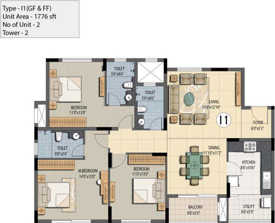 Prestige Sunnyside (3BHK+3T (1,776 sq ft) 1776 sq ft)