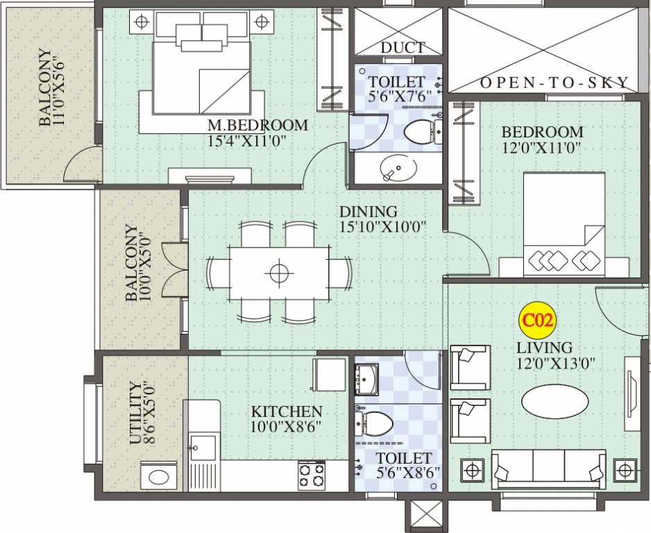 BM Magnolia Park (2BHK+2T (1,285 sq ft) 1285 sq ft)