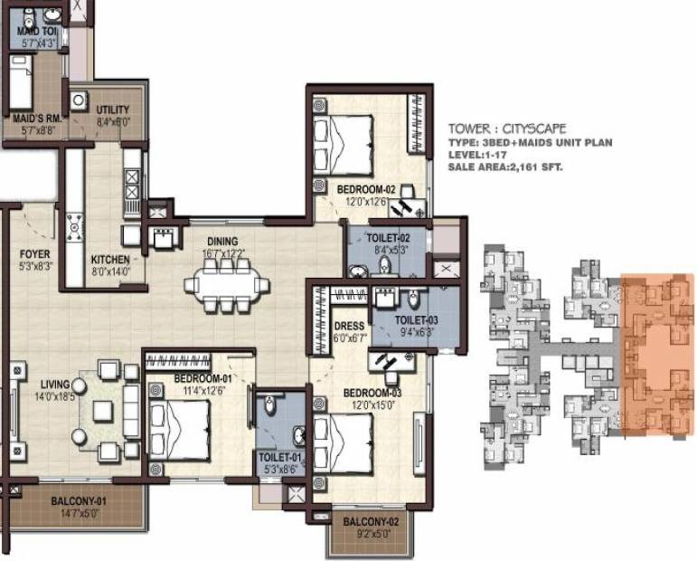 Prestige Cityscape (3BHK+3T (2,161 sq ft) + Servant Room 2161 sq ft)