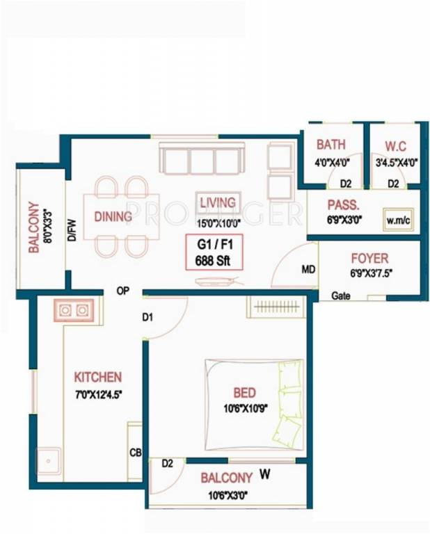 Right Four Stone (1BHK+1T (688 sq ft) 688 sq ft)