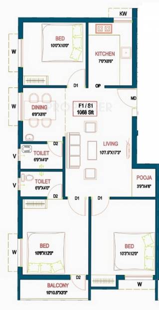 Right Four Stone (3BHK+2T (1,068 sq ft)   Pooja Room 1068 sq ft)
