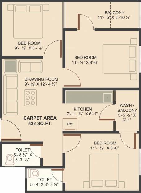 Om Gold Plus (3BHK+2T (532 sq ft) 532 sq ft)