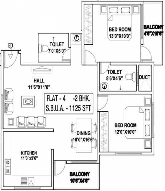 Manasa Residency (2BHK+2T (1,125 sq ft) 1125 sq ft)