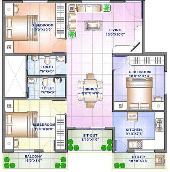 Sowparnika Purple Rose (3BHK+2T (1,257 sq ft) 1257 sq ft)