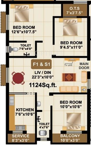 RB Bagya Royal Court 2 (3BHK+2T (1,124 sq ft) 1124 sq ft)