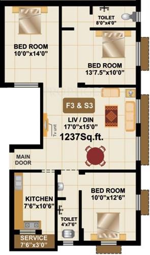 RB Bagya Royal Court 2 (3BHK+2T (1,237 sq ft) 1237 sq ft)