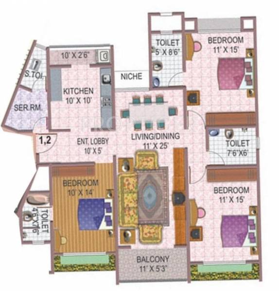 Floor Plan (3BHK+3T + Servant Room) Supreme Universal Lake Lucerne Floor Plan (3BHK+3T + Servant Room)