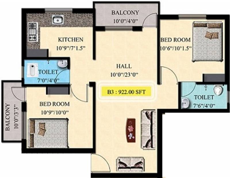 JMM Anemone Apartments (2BHK+2T (922 sq ft) 922 sq ft)