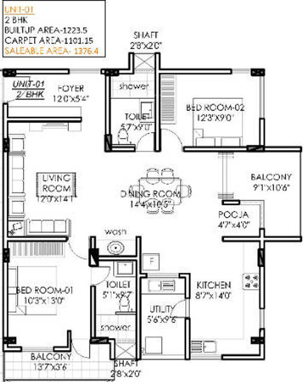 MV Rachana (2BHK+2T (1,376 sq ft) Pooja Room 1376 sq ft)