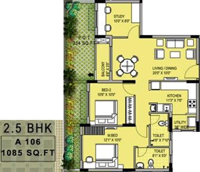 XS Symphony (2BHK+2T (1,085 sq ft) + Study Room 1085 sq ft)