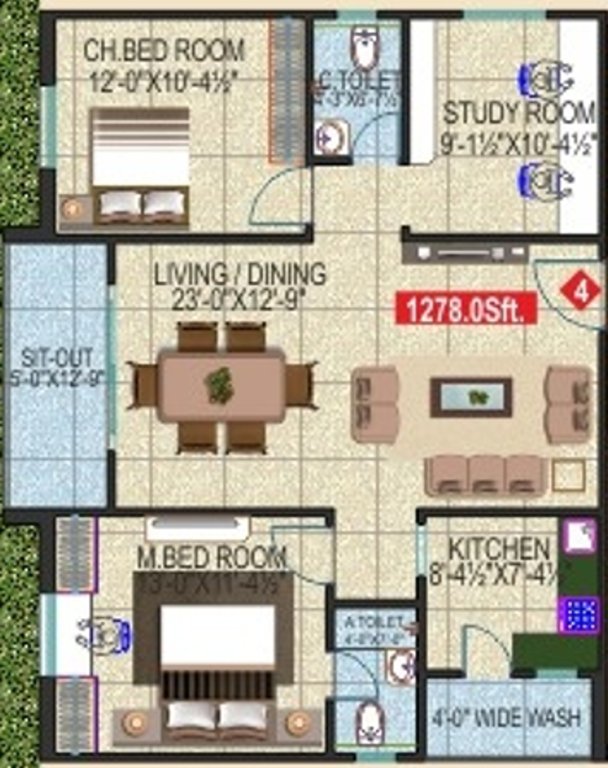 Green The Hive (2BHK+2T (1,278 sq ft) + Study Room 1278 sq ft)