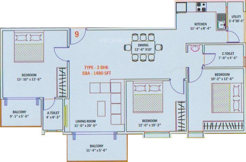 Aesthetic Constructions Oakwood Floor Plan (3BHK+2T (1,480 sq ft) 1480 sq ft)