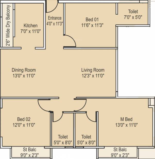 Excel Kiara (3BHK+3T (1,507 sq ft) 1507 sq ft)