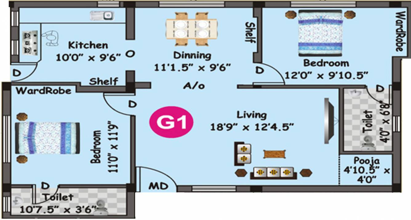 Durai Moon Elite (2BHK+2T (1,105 sq ft) + Pooja Room 1105 sq ft)