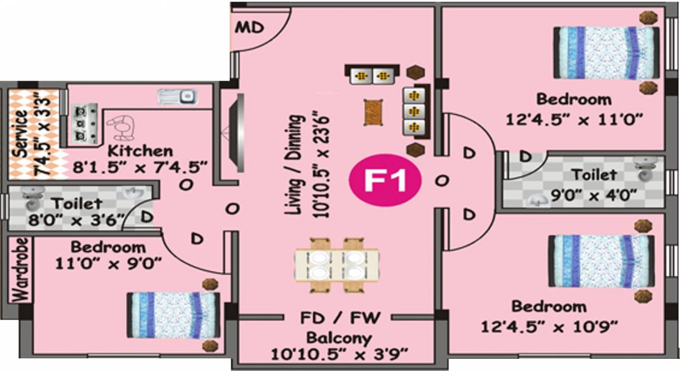 Durai Moon Elite (3BHK+2T (1,137 sq ft) 1137 sq ft)