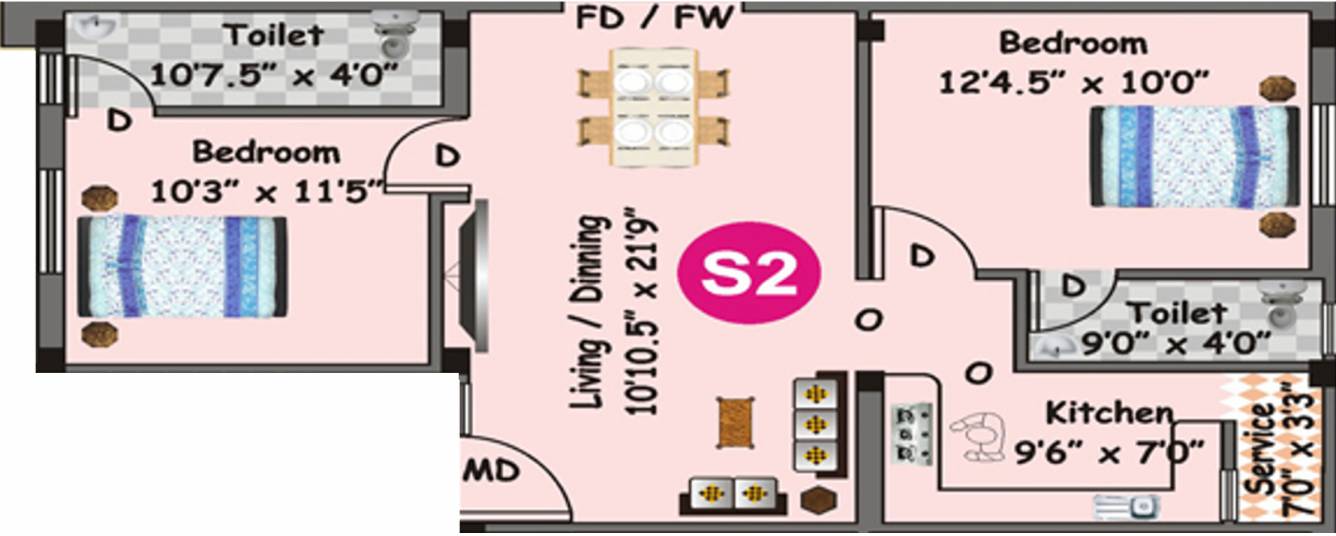 Durai Moon Elite (2BHK+2T (891 sq ft) 891 sq ft)