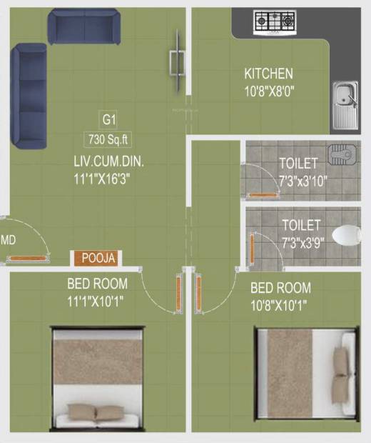 Madhuri Ekadanta Flats (2BHK+2T (730 sq ft) + Pooja Room 730 sq ft)