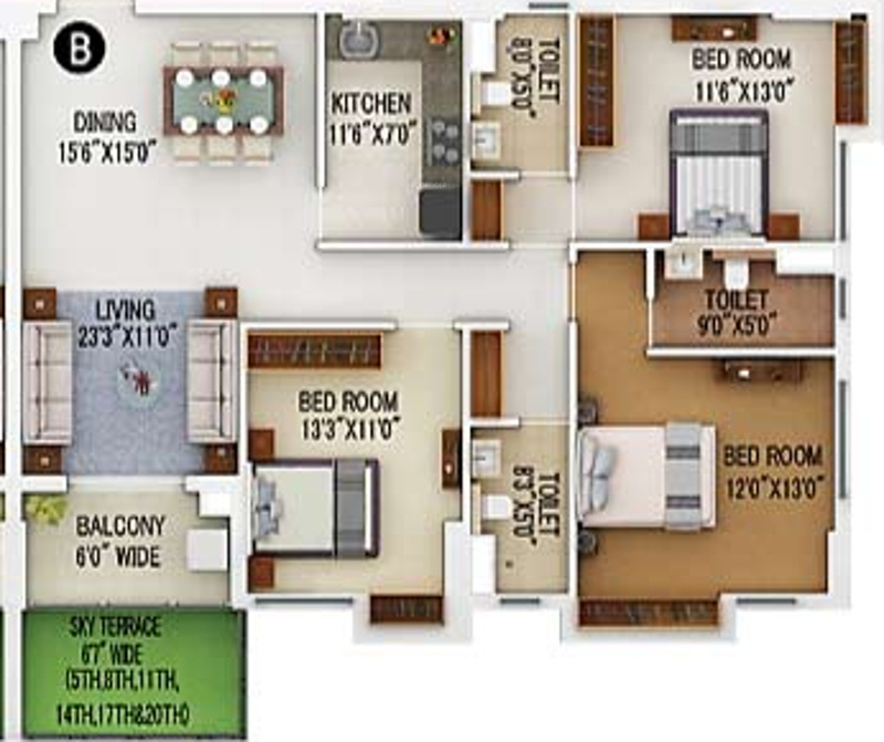 Merlin 5th Avenue (3BHK+3T (1,460 sq ft) 1460 sq ft)