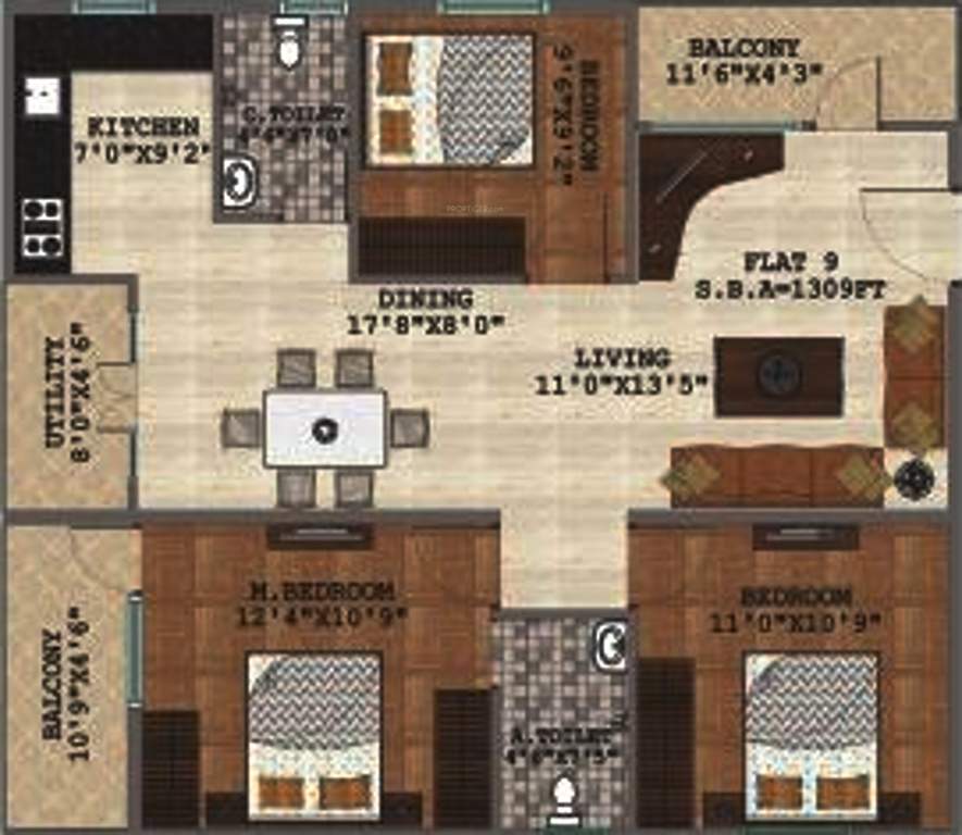 SSB Urban Lotus (3BHK+2T (1,309 sq ft) 1309 sq ft)