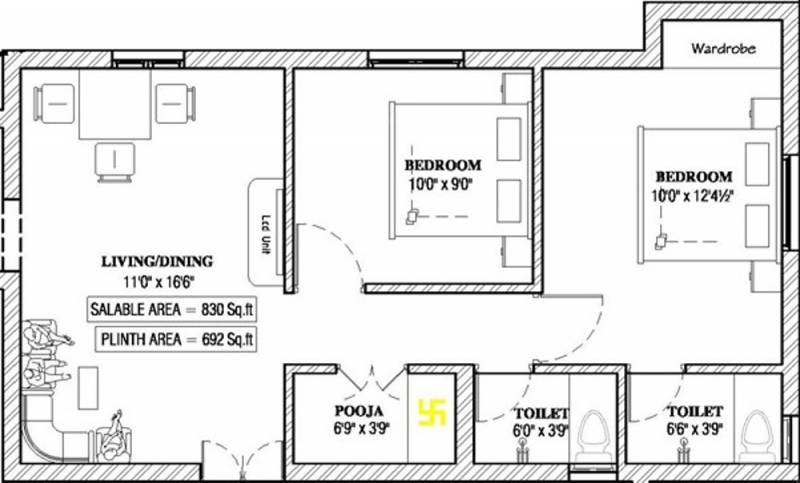 GS Deepam (2BHK+2T (830 sq ft) + Pooja Room 830 sq ft)