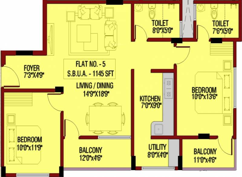 Archana Projects Little Floor Plan (2BHK+2T (1,145 sq ft) 1145 sq ft)