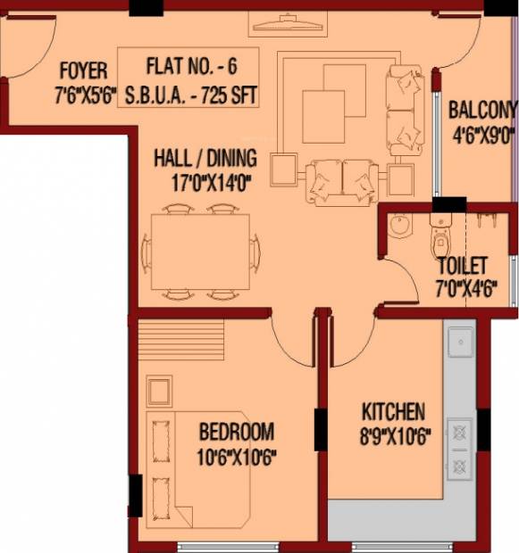 Archana Projects Little Floor Plan (1BHK+1T (725 sq ft) 725 sq ft)