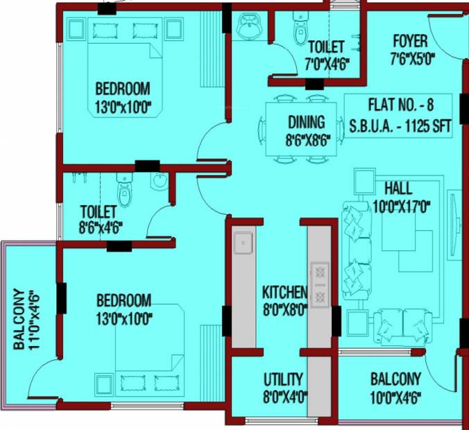 Archana Projects Little Floor Plan (2BHK+2T (1,125 sq ft) 1125 sq ft)