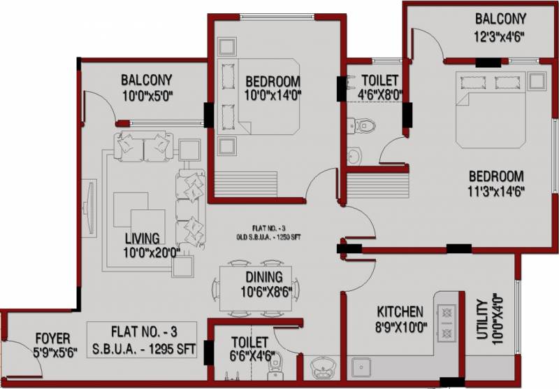 Archana Projects Little Floor Plan (2BHK+2T (1,295 sq ft) 1295 sq ft)