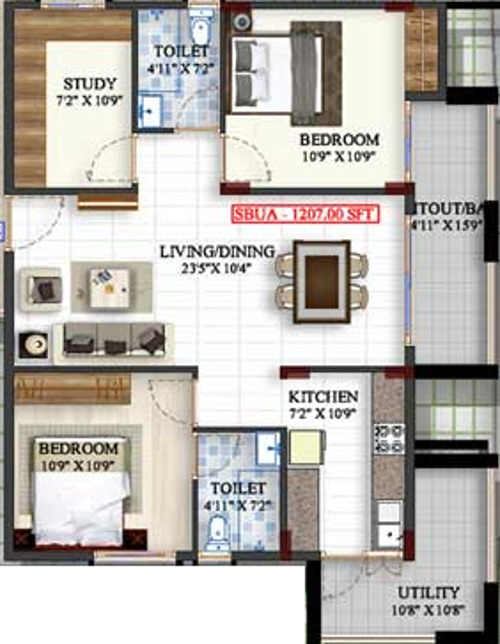 Mahaveer Meridian (2BHK+2T (1,207 sq ft) + Study Room 1207 sq ft) Mahaveer Meridian (2BHK+2T (1,207 sq ft) + Study Room 1207 sq ft)