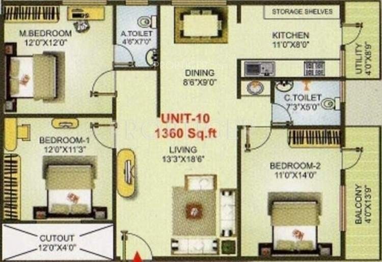 Apsara Gold Floor Plan (3BHK+2T (1,360 sq ft) 1360 sq ft)