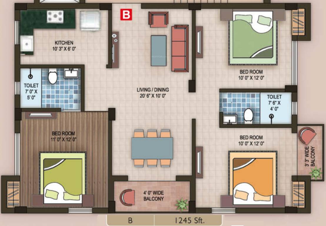 Magnolia Grand (3BHK+2T (1,245 sq ft) 1245 sq ft)