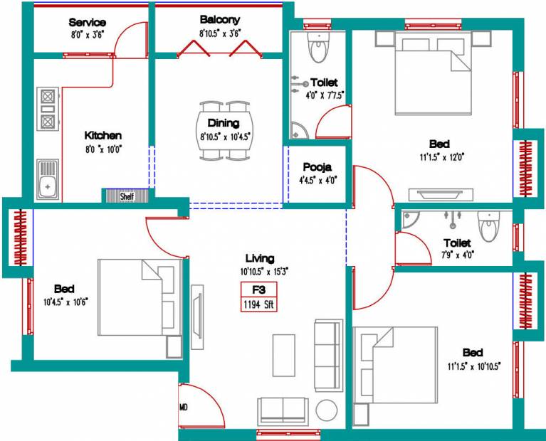 Jeni Joel Enclave (3BHK+2T (1,194 sq ft) + Pooja Room 1194 sq ft)