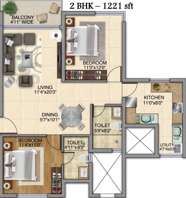 Kolte Patil iTowers Exente (2BHK+2T (1,221 sq ft) 1221 sq ft)