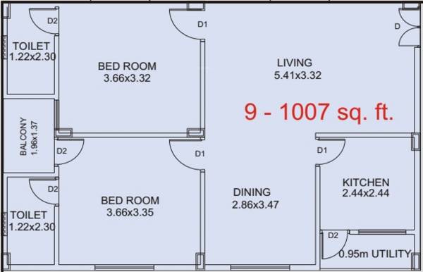 BVL Group Aakanksha (2BHK+2T (1,007 sq ft) 1007 sq ft)