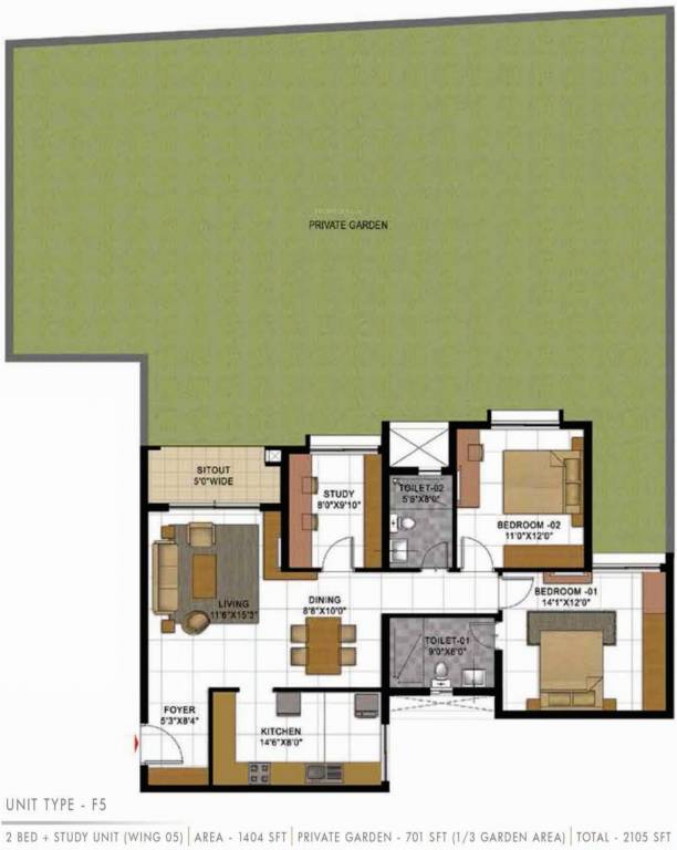 Prestige Casabella (2BHK+2T (2,105 sq ft)   Study Room 2105 sq ft)