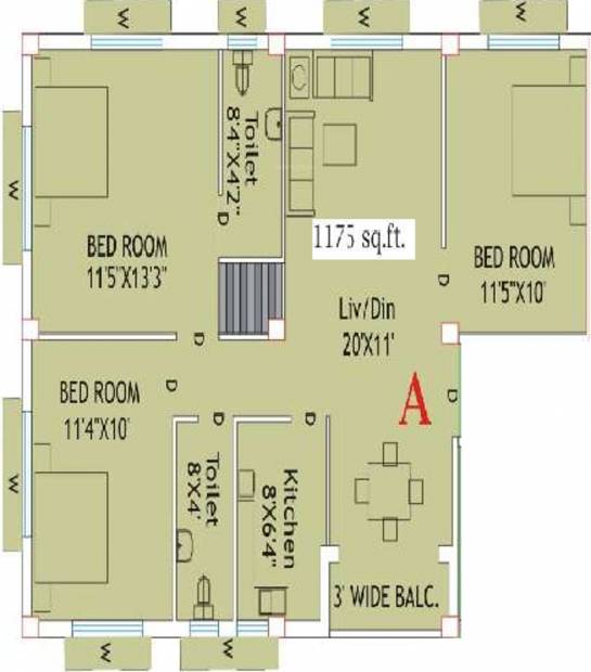 Eden Pristine (3BHK+2T (1,175 sq ft) 1175 sq ft)