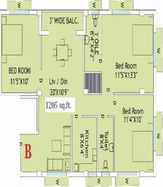 Eden Pristine (3BHK+2T (1,205 sq ft) 1205 sq ft)