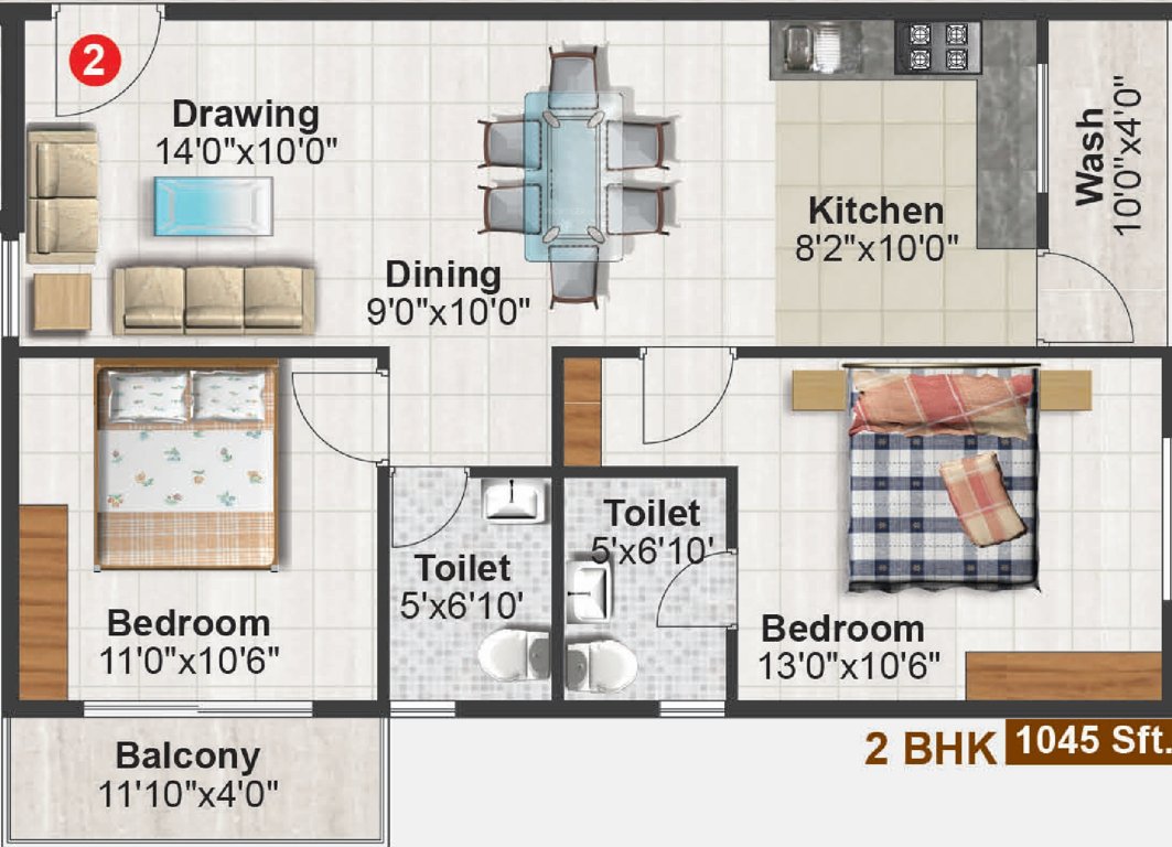 Vari Abhilasha (2BHK+2T (1,045 sq ft) 1045 sq ft)